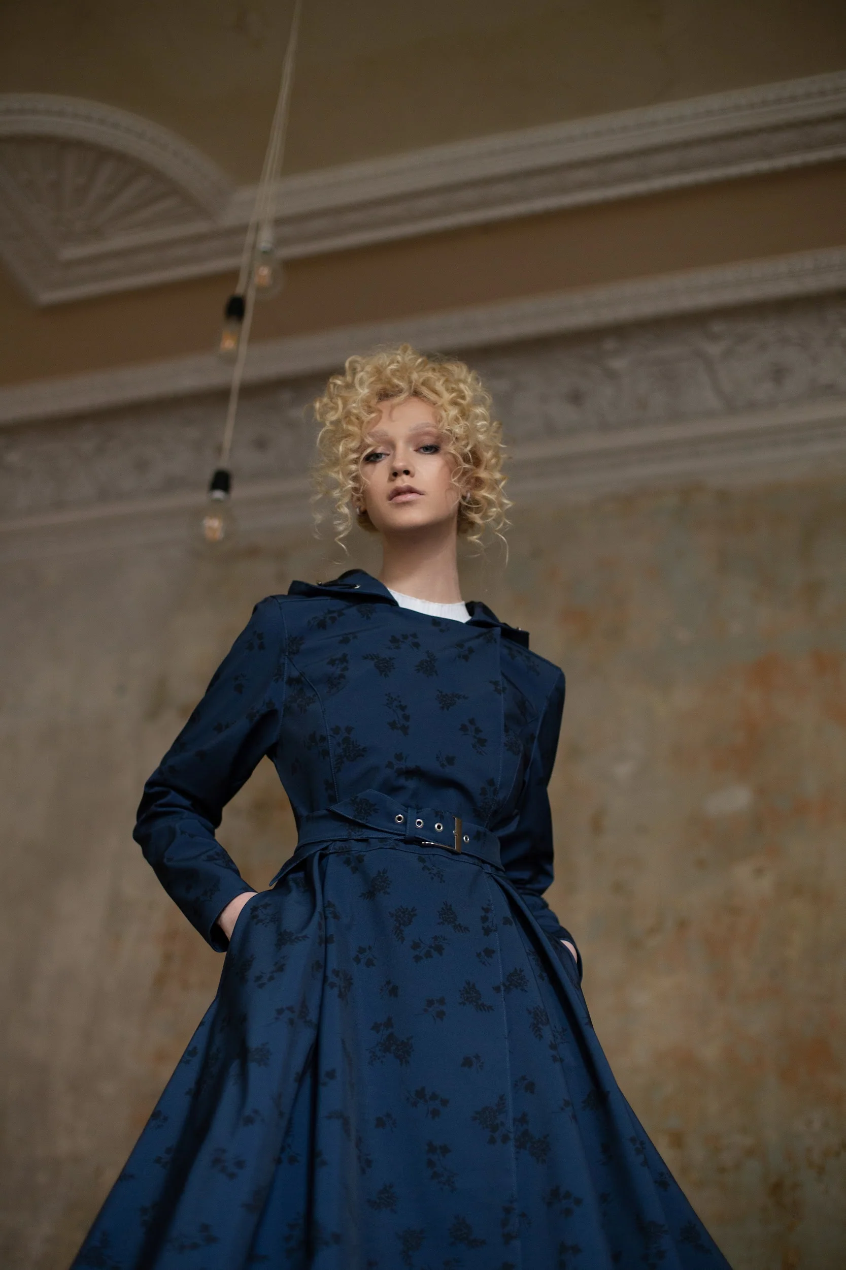 Double Breasted Trench Coat in Dark Blue with Black Floral Print | Blue Frost - Image 3