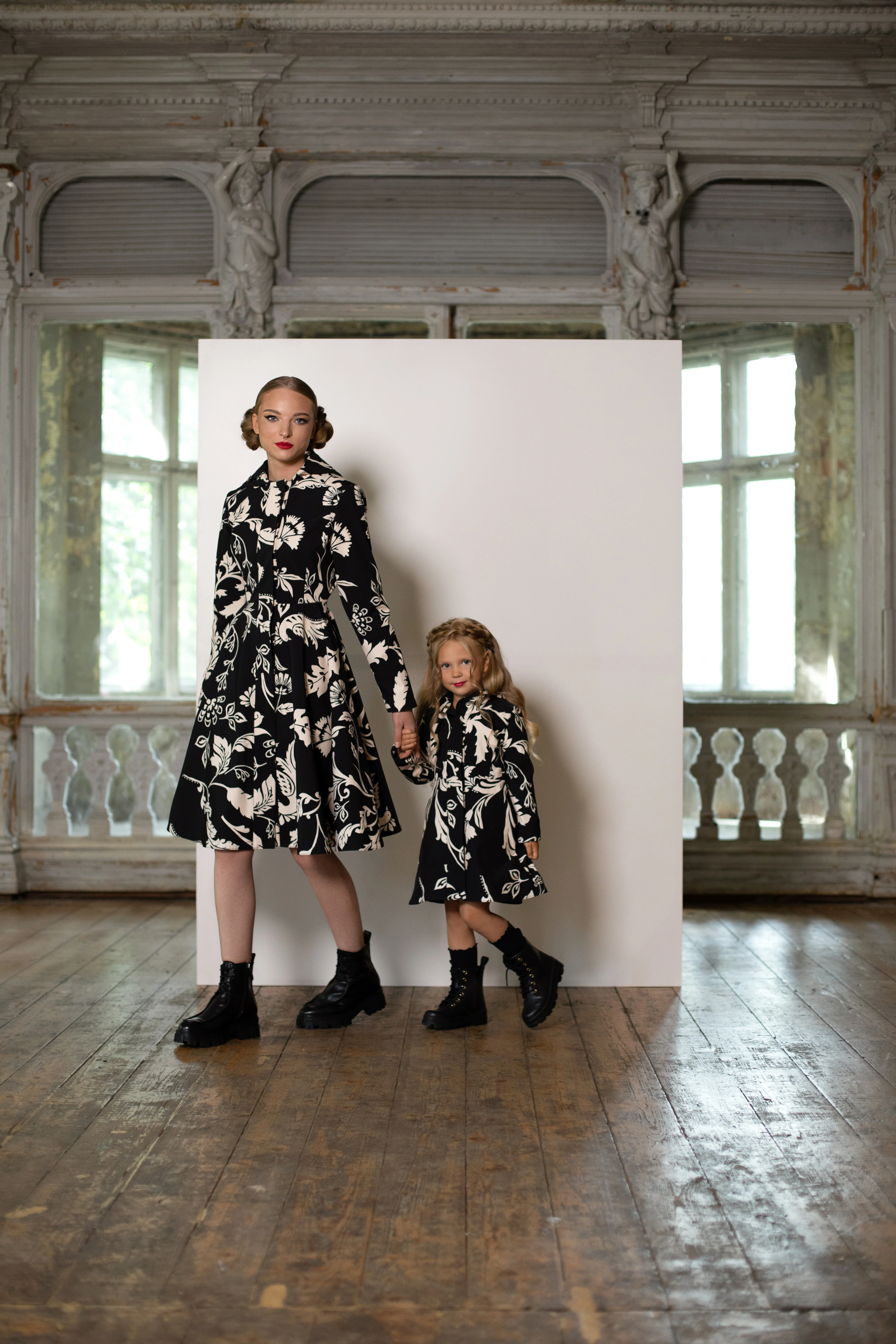 Fitted and Flared Coat for Girls in Black and White | Blooming Night - Image 4